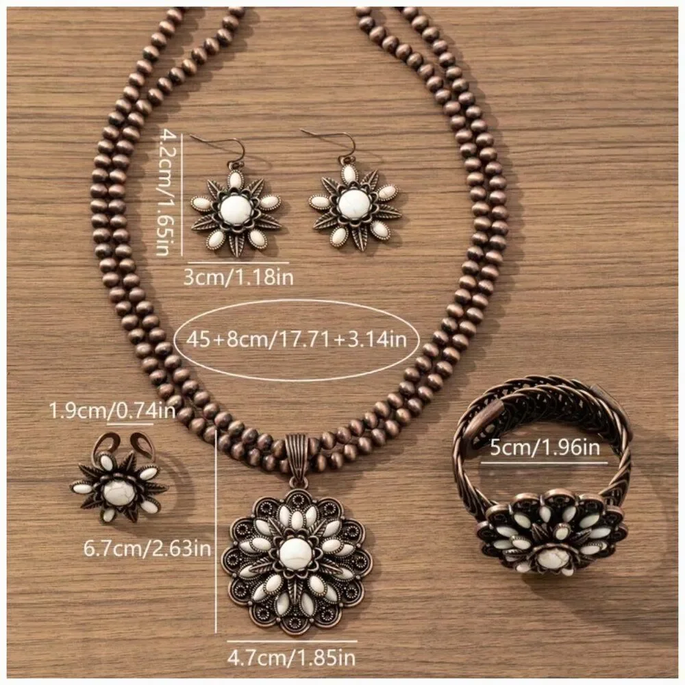 Bohemian 3-Layer Sunflower White Turquoise Faux Stone Jewelry Set 4pc